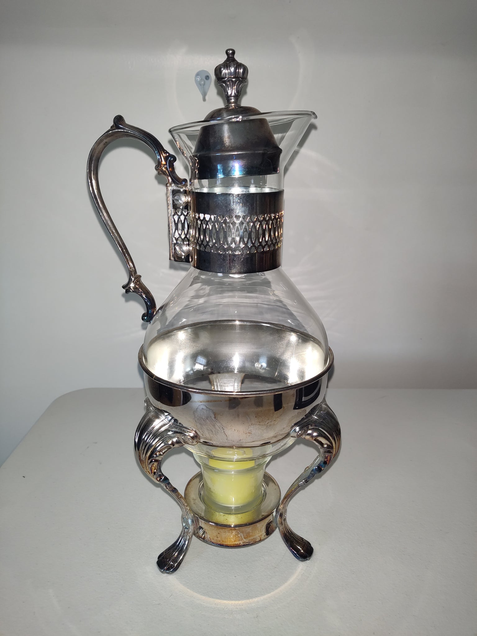 Glass Tea / Coffee Carafe pitcher with Silver plate stand & candle warmer.