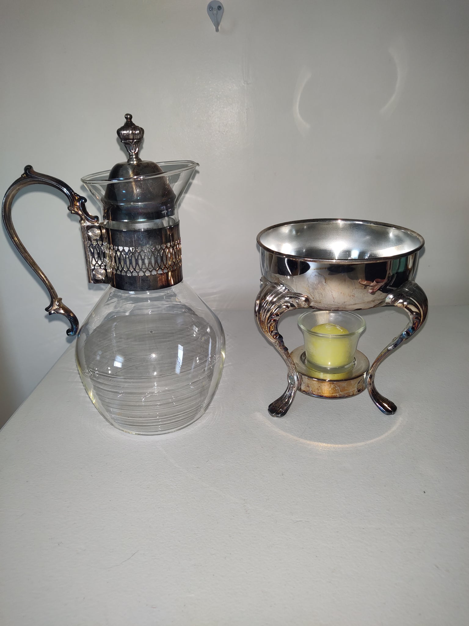 Vintage Art Deco Silver Plated and Glass Coffee Tea Carafe Pot with Warmer  Stand