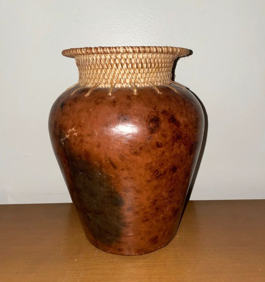 Vintage Pottery Vase With Wicker Top