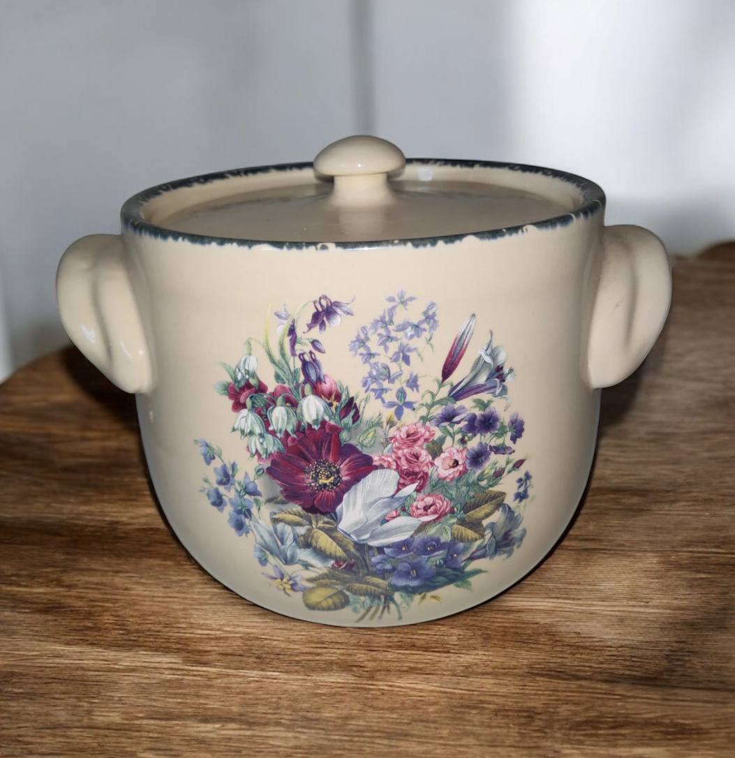 Home & Garden Party Floral Splendor Bean Pot Baking Dish Stoneware Handles Lid