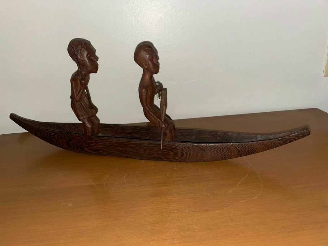 HandCarved Hard Wood African Men In Fishing Boat