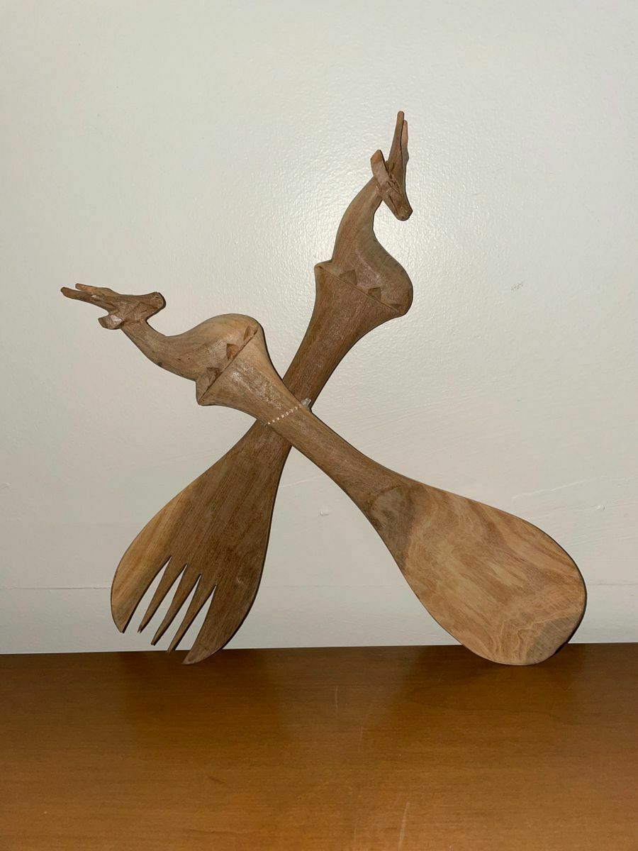 Vintage Hand Carved African Gazelle Salad Fork And Spoon