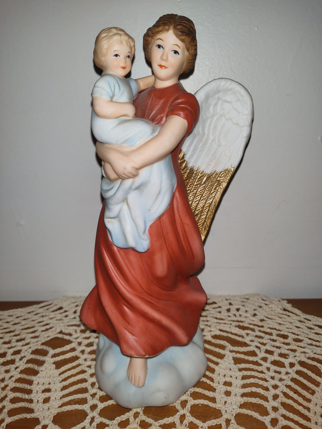 Homco #1414 Porcelain Bisque ANGEL on CLOUD HOLDING CHILD Figurine 