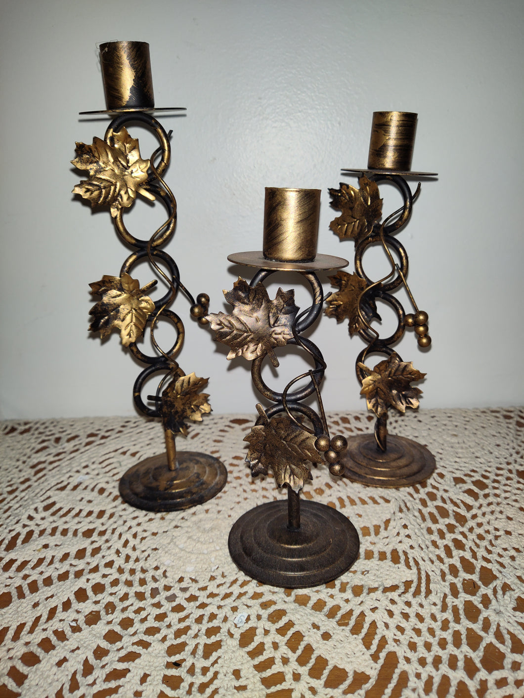 Three Vintage Brass Grapevine Candle Stick Holders
