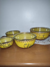 Load image into Gallery viewer, Midcentury Yellow and Brown Twine Rope Nesting Glass Stacking Snack Bowls Set
