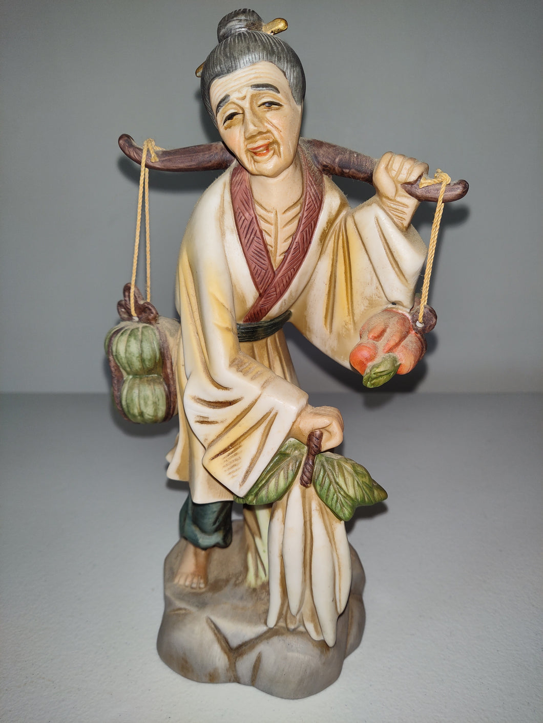 Vintage Chinese Peddler Hand Painted Porcelain Figurine Carrying Fruit & Vegetables