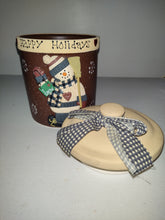 Load image into Gallery viewer, Happy Holidays &quot;Goodie Jar&quot; ceramic, w/lid &amp; ribbon, 3D,
