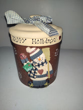 Load image into Gallery viewer, Happy Holidays &quot;Goodie Jar&quot; ceramic, w/lid &amp; ribbon, 3D,
