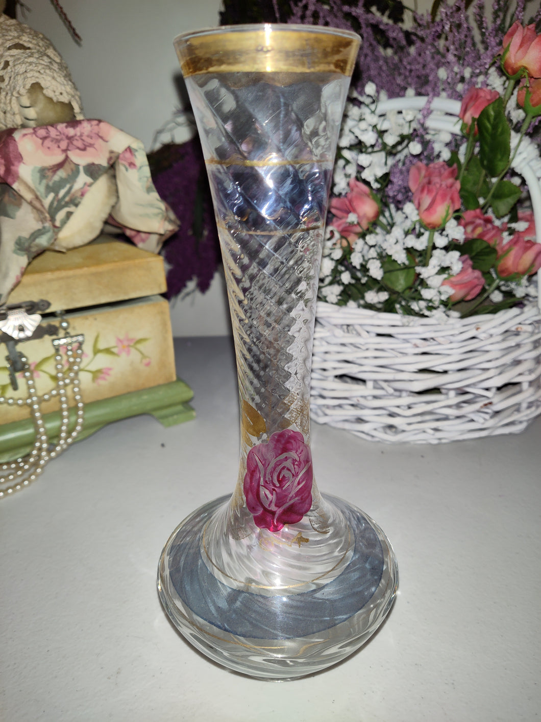 Antique Crystal Hand Painted Bud Vase
