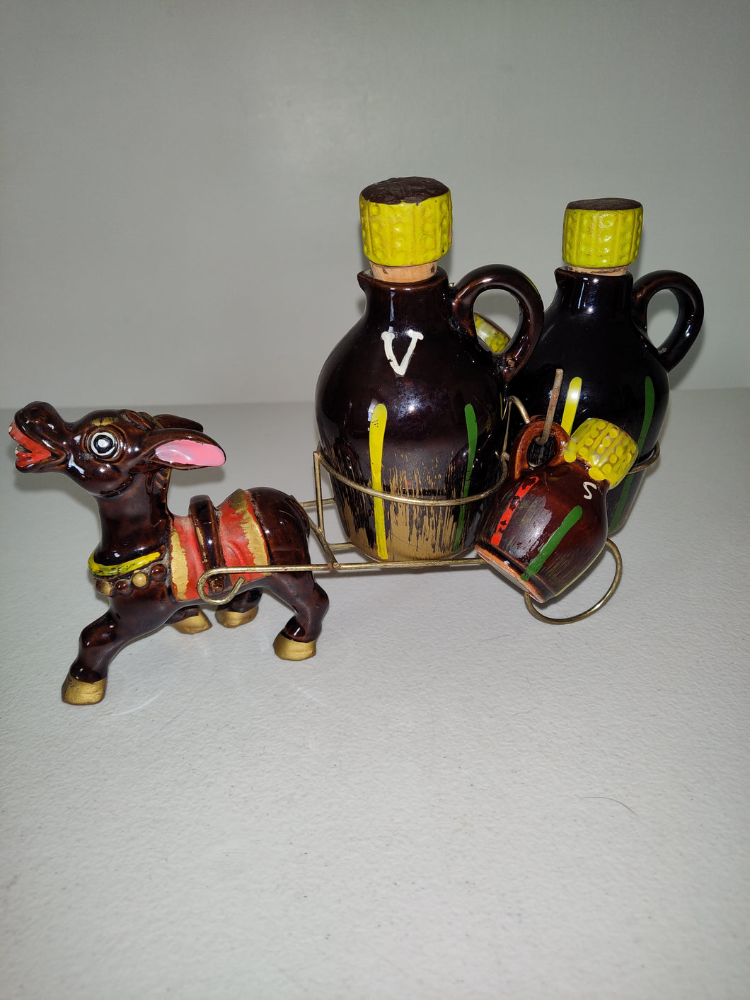 Rare Vintage Brown Donkey Oil, Vinegar,Salt Pepper & Cart