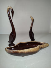 Load image into Gallery viewer, VTG EUC 3 Pc MCM Redware Art Set Brown Drip Glaze 2 Swans &amp; Abstract Bowl Enesco
