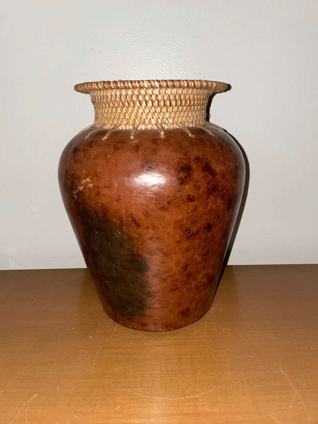 Vintage Pottery Vase With Wicker Top